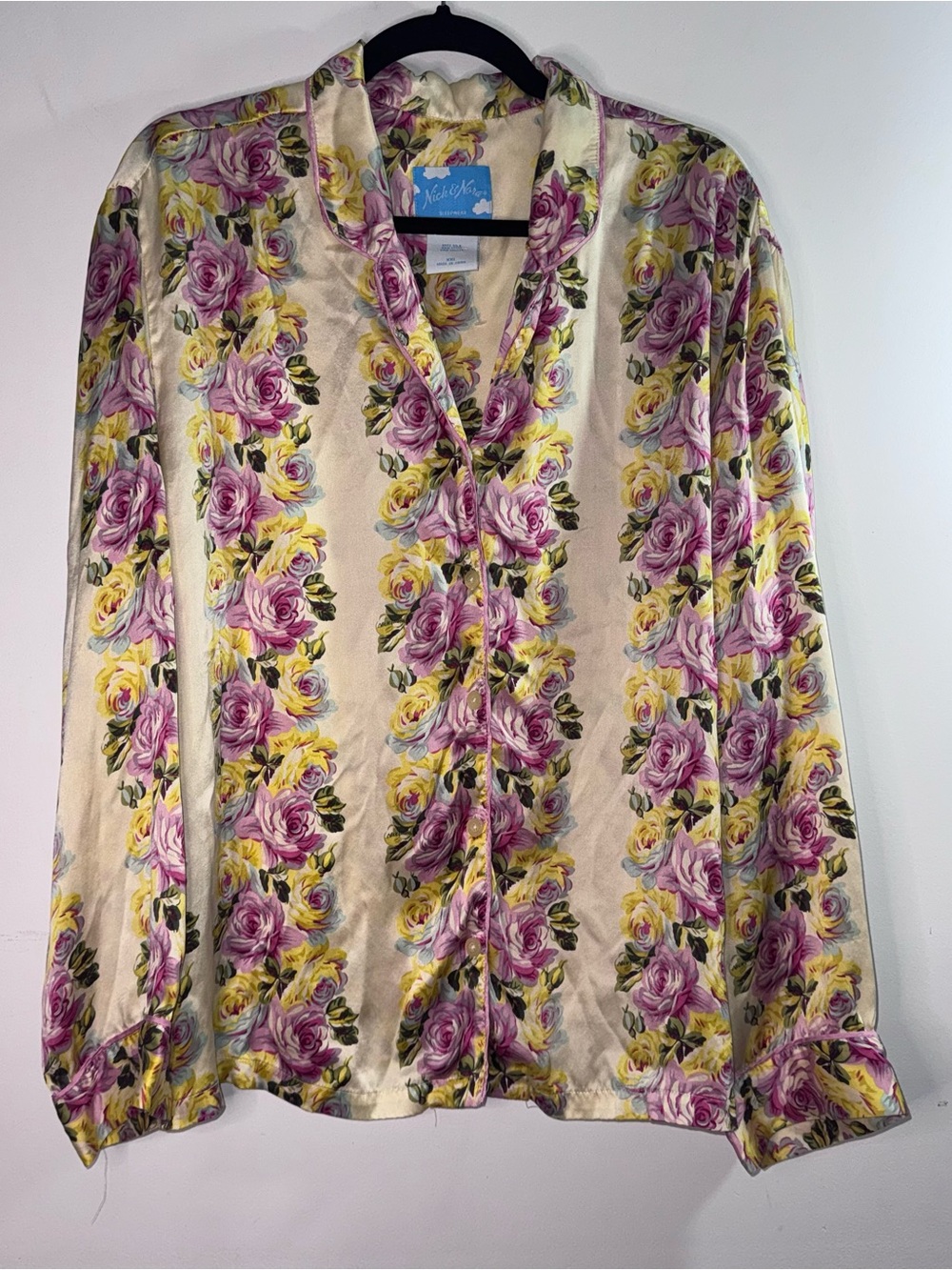 Nick & Nora 100% Silk Floral Pajama Top XXL Pink Yellow Rose Sleep Shirt